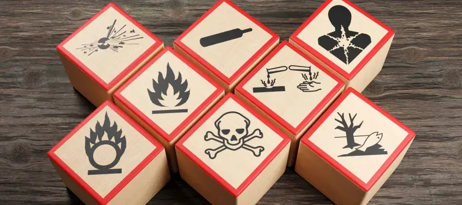 Wooden blocks showing different symbols of chemical hazard warnings on a wooden table